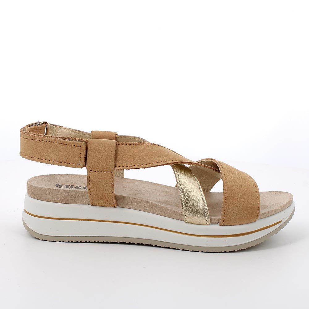 Sandalo con zeppa in pelle da donna cognac