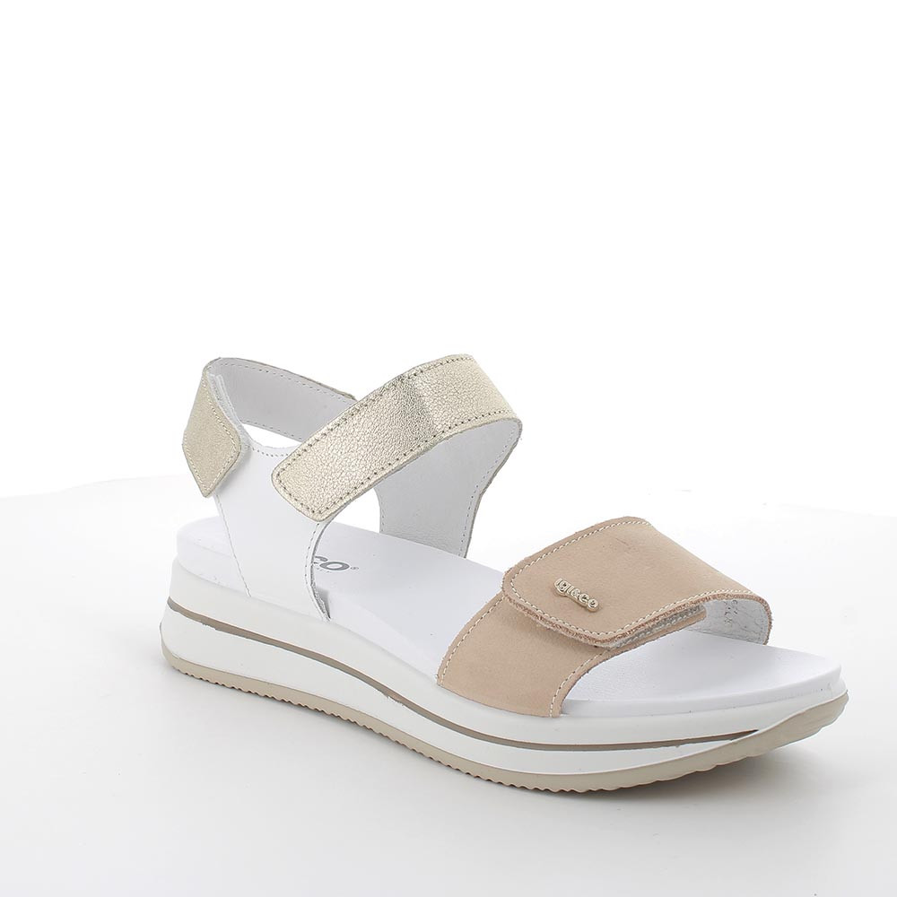 Sandal with wedge in leather for lady beige-platinum-white