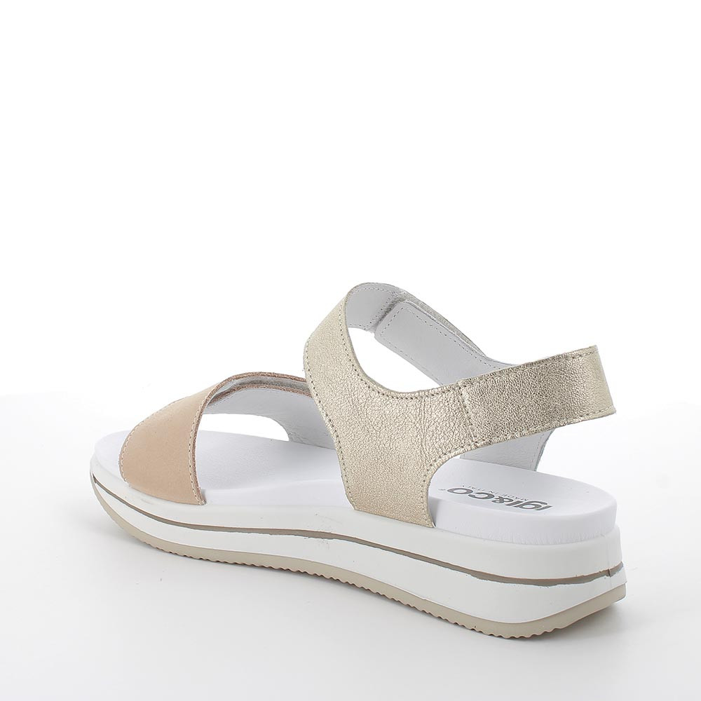 Sandal with wedge in leather for lady beige-platinum-white