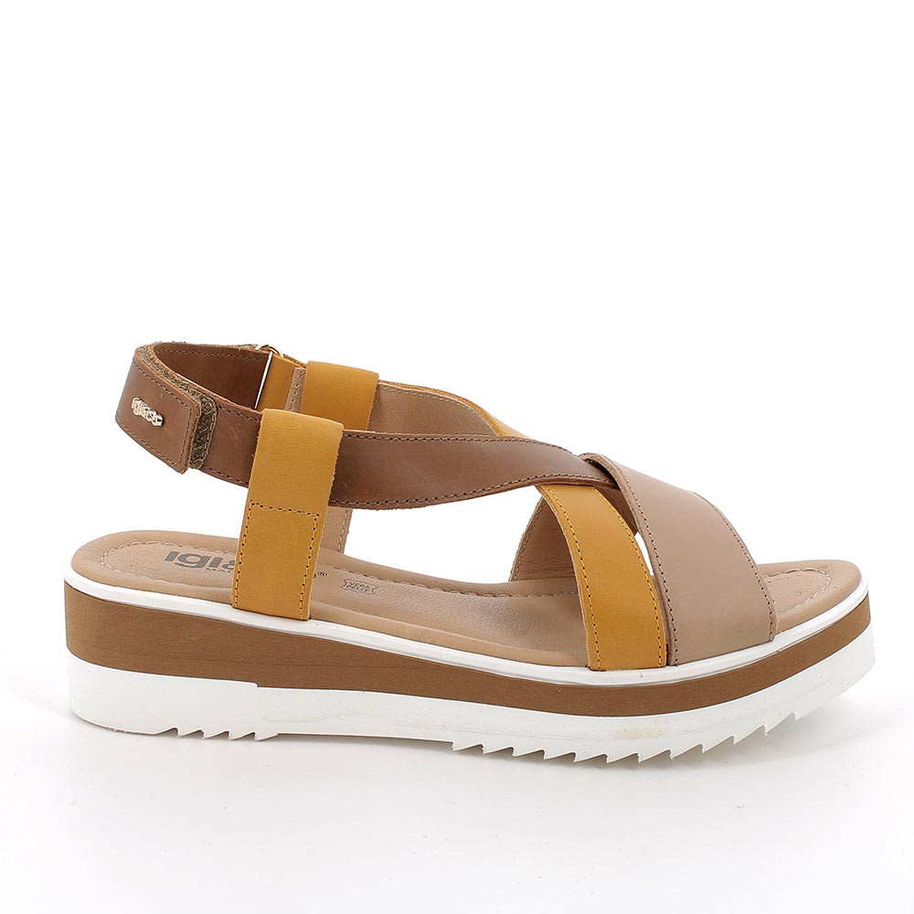 Sandalo con zeppa in pelle da donna marrone-giallo