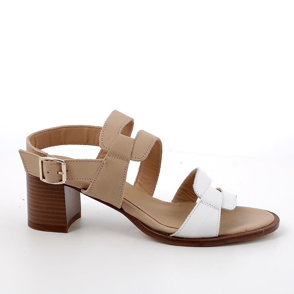 Sandalo con tacco in pelle da donna bianco-beige