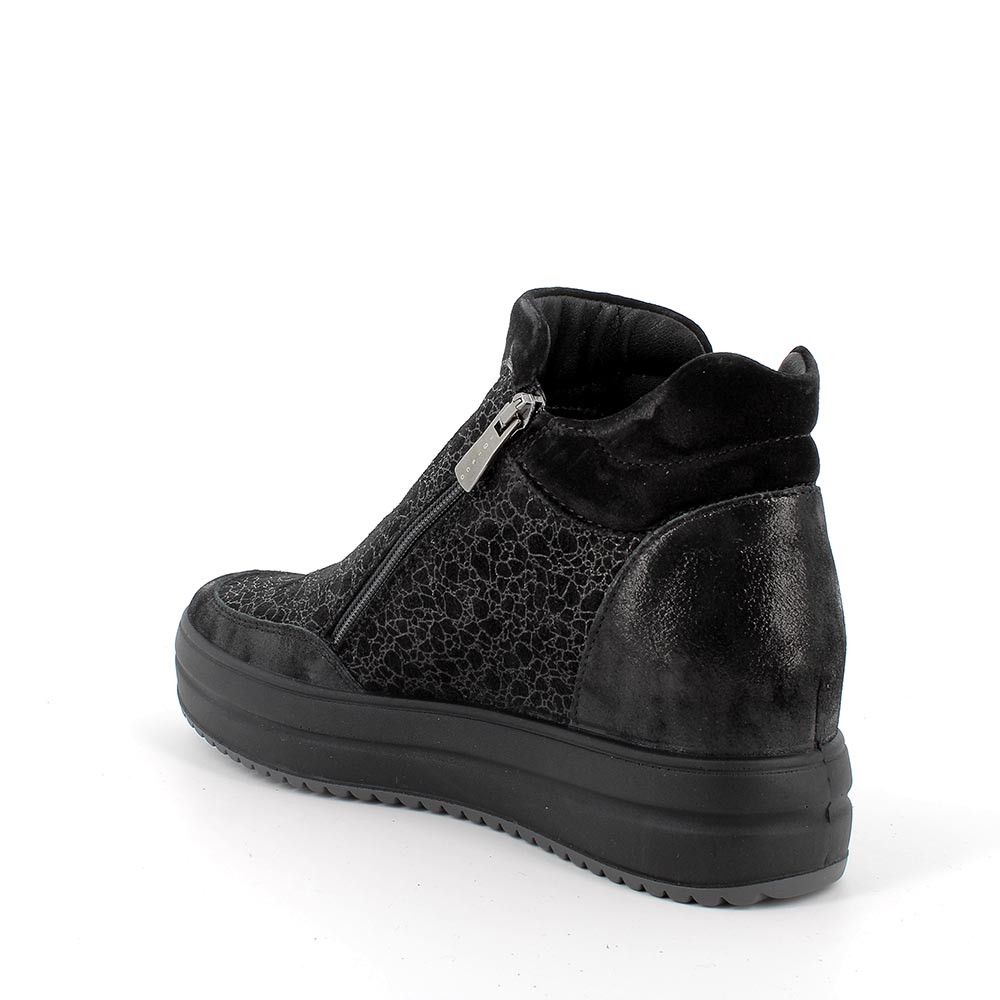 Stivaletti con zeppa in pelle da donna nero laminato