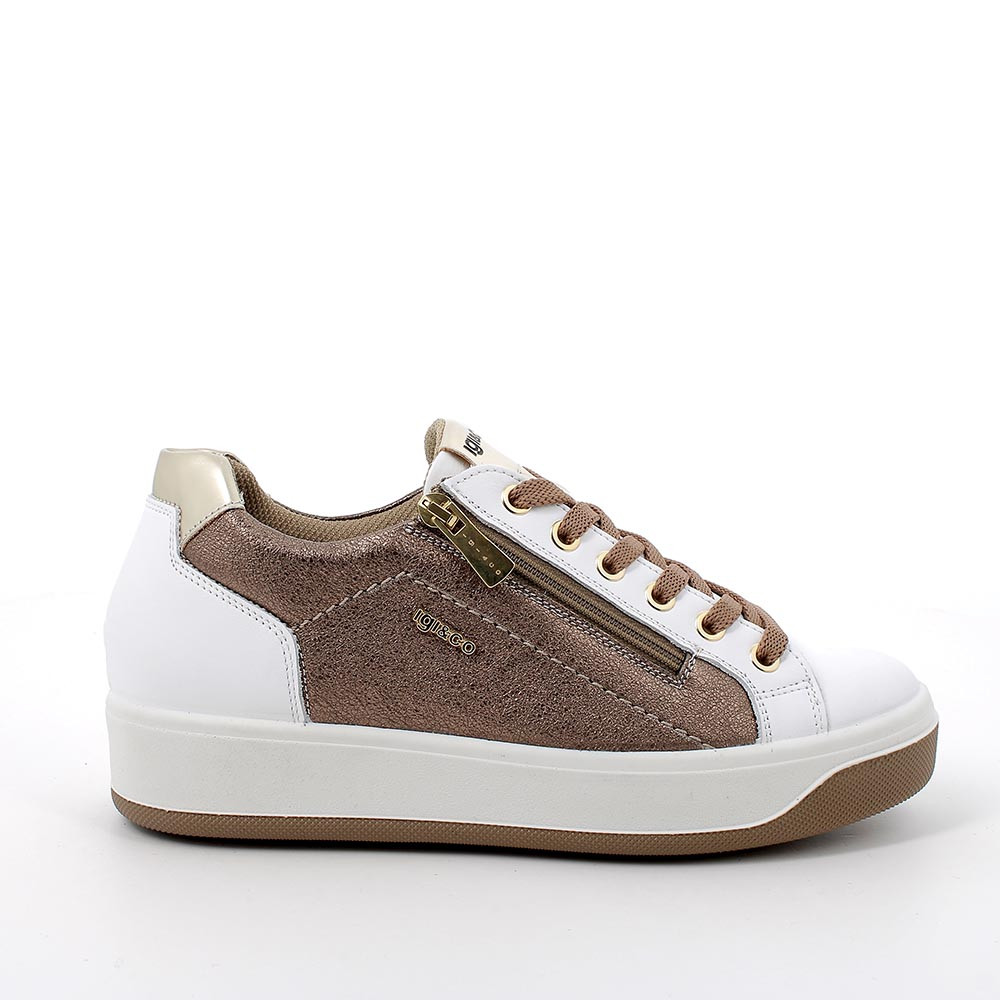 zapatillas deportivas de senora en piel color blanco marron laminado