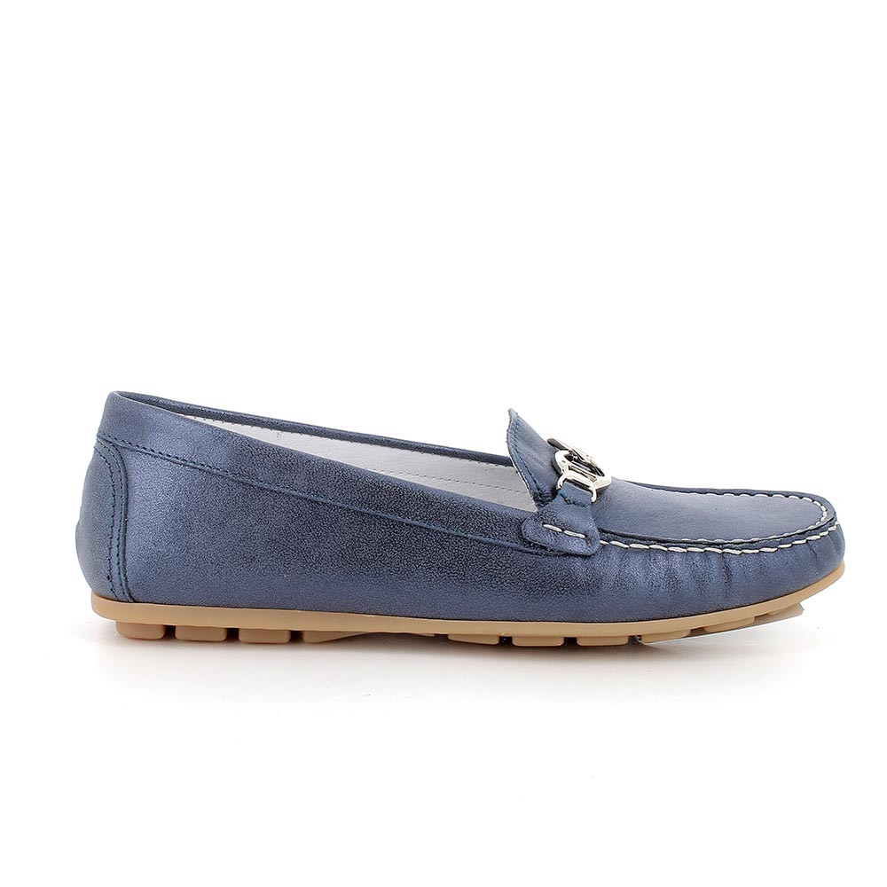 Mocassini in pelle da donna blu laminato