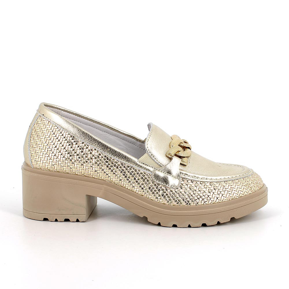 Mocassini con tacco in pelle da donna platino