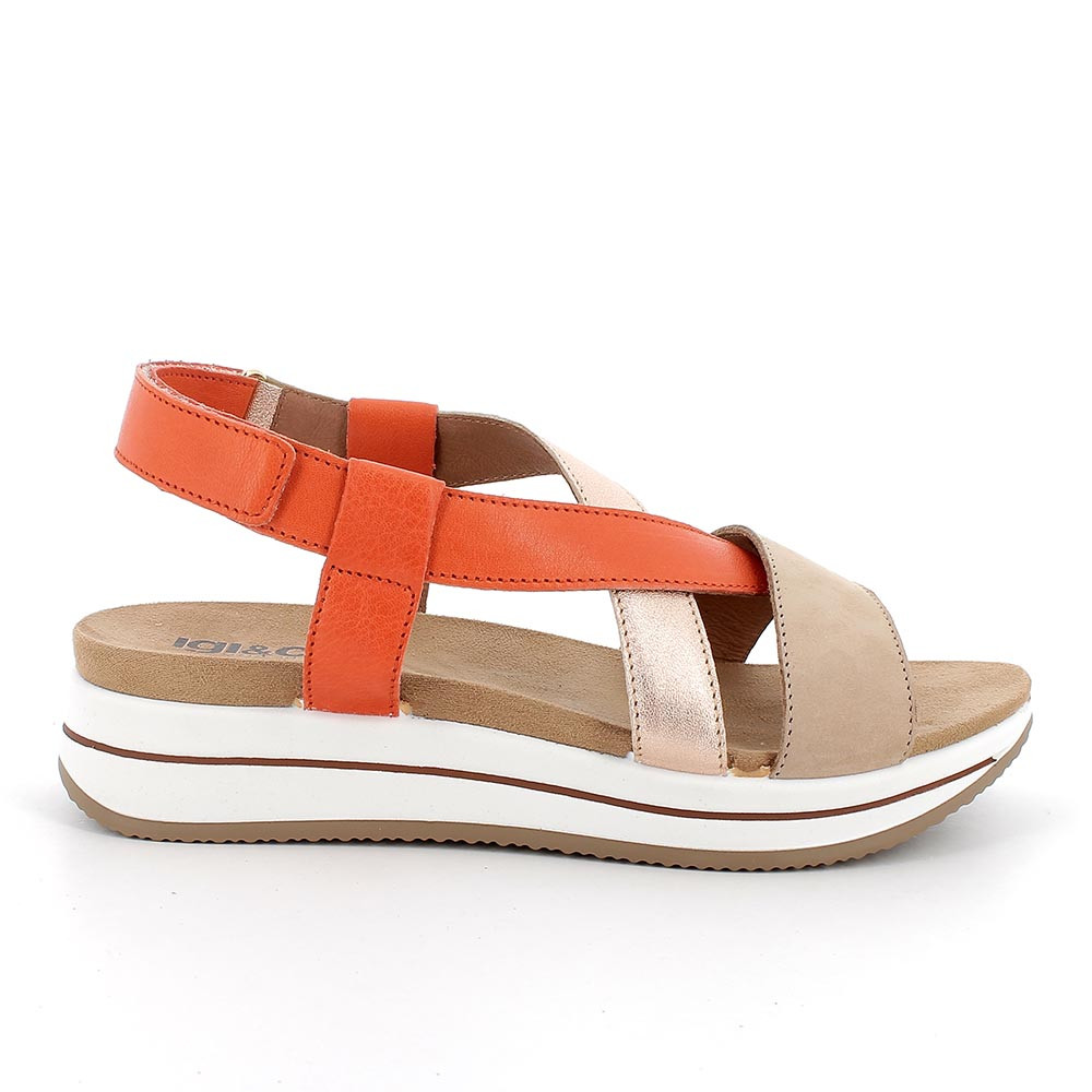 Sandali con zeppa in pelle da donna beige-arancio