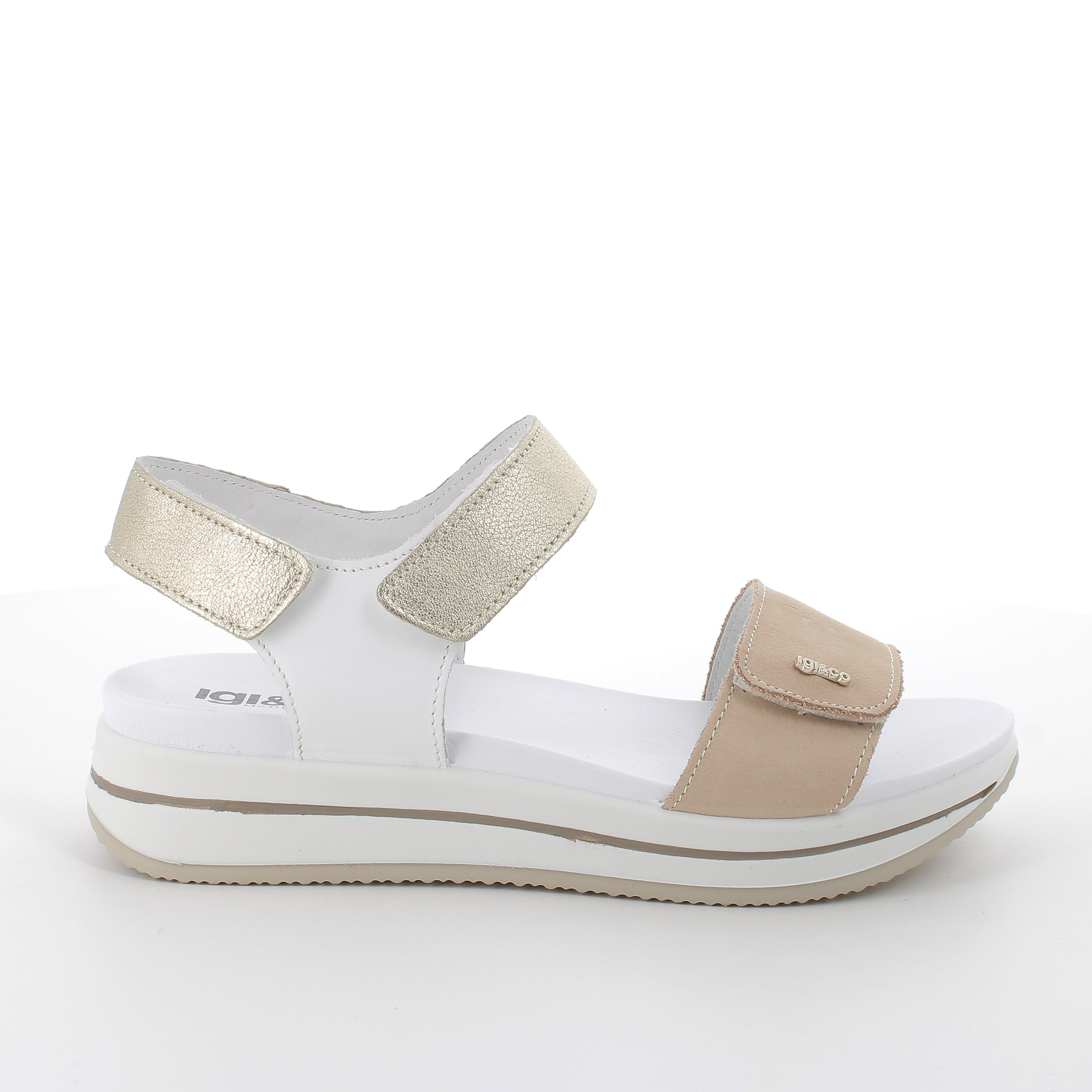 Sandali con zeppa in pelle da donna beige-bianco