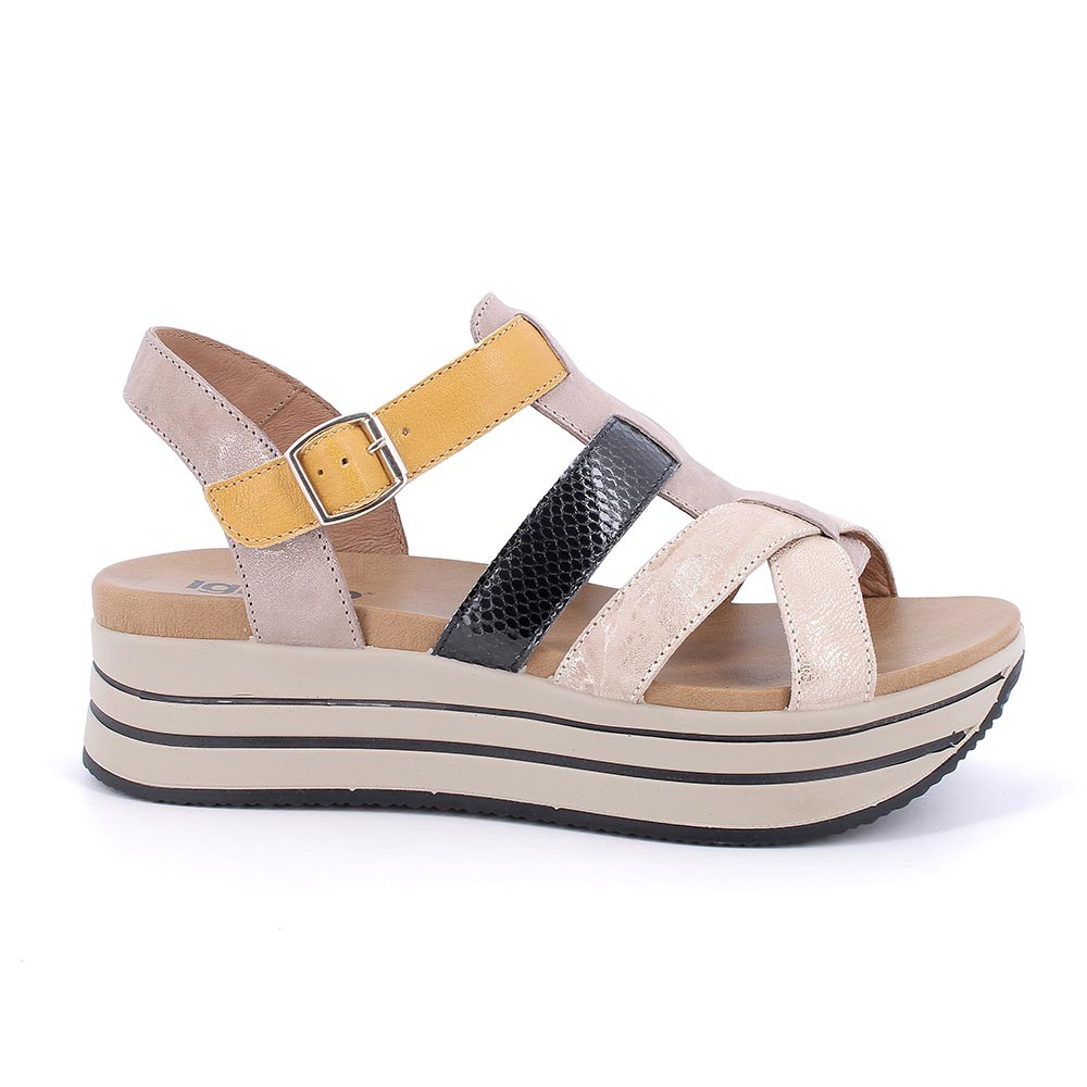 Sandali con zeppa in pelle da donna caramel-nero