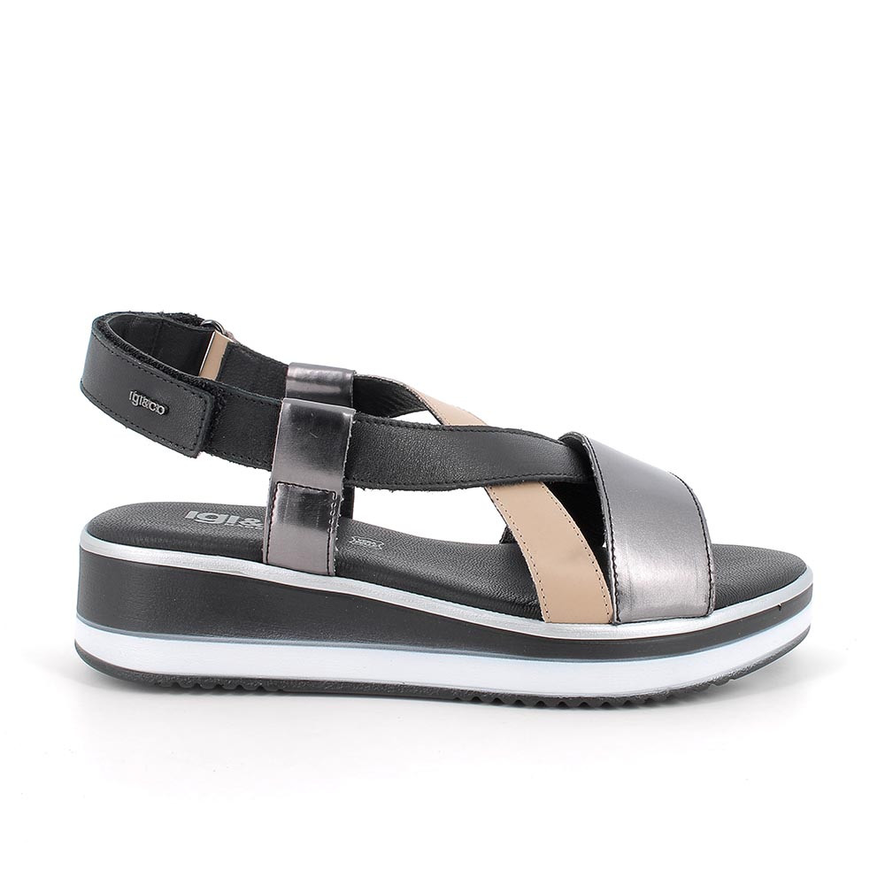 Sandali con zeppa in pelle da donna nero-beige