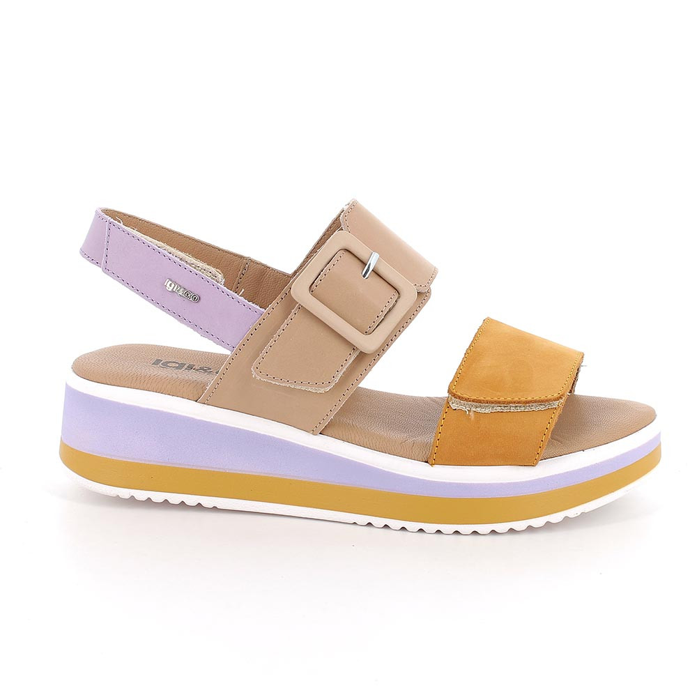 Sandali con zeppa in pelle da donna senape-beige