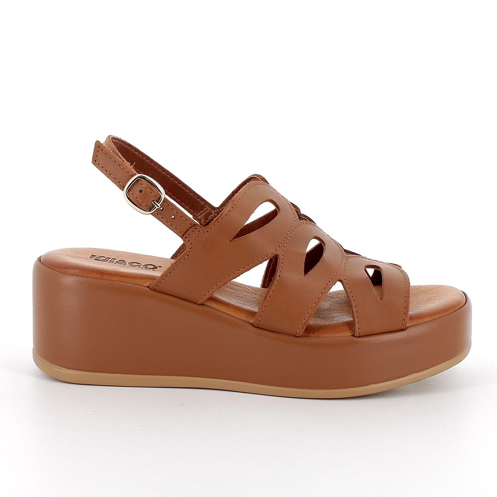 Sandali con zeppa in pelle da donna cuoio