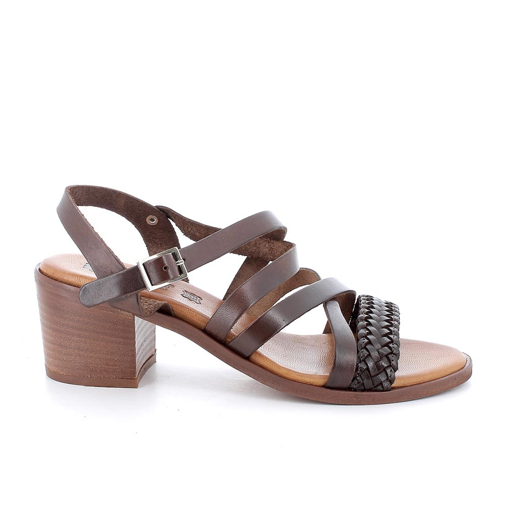 Sandali con tacco in pelle da donna marrone scuro