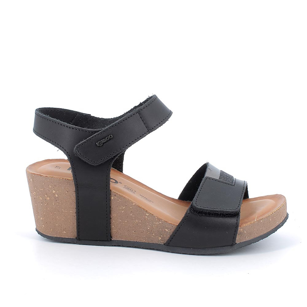 Sandali con zeppa in pelle da donna nero-grigio scuro