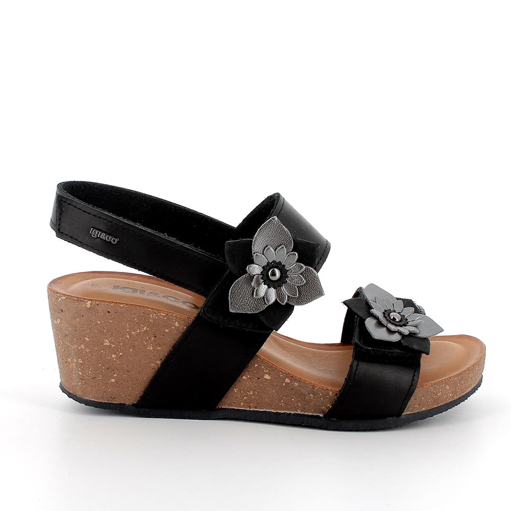 Sandali con zeppa in pelle da donna nero