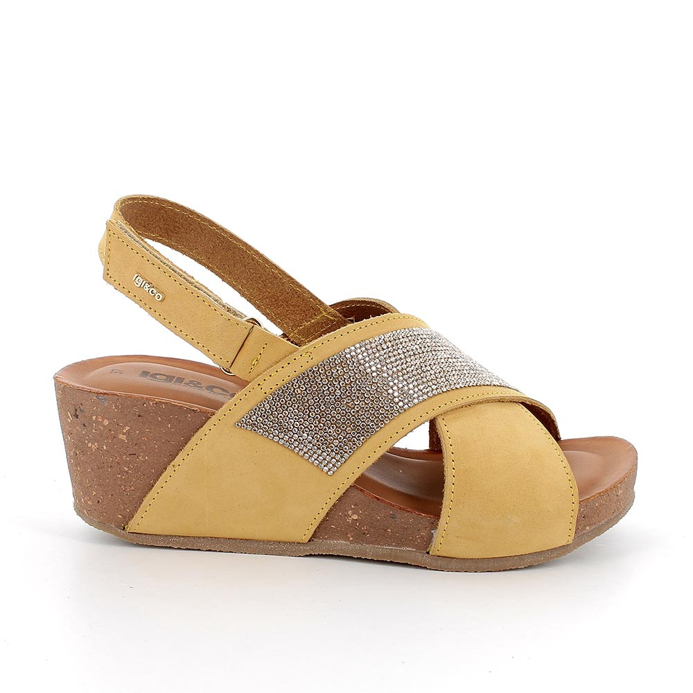 Sandali con zeppa in pelle da donna giallo