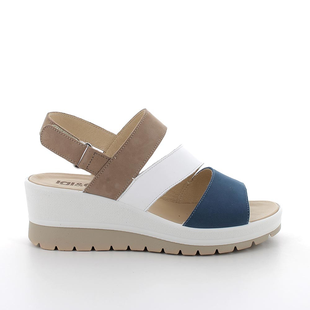 Sandali con zeppa da donna blu e bianco con strap