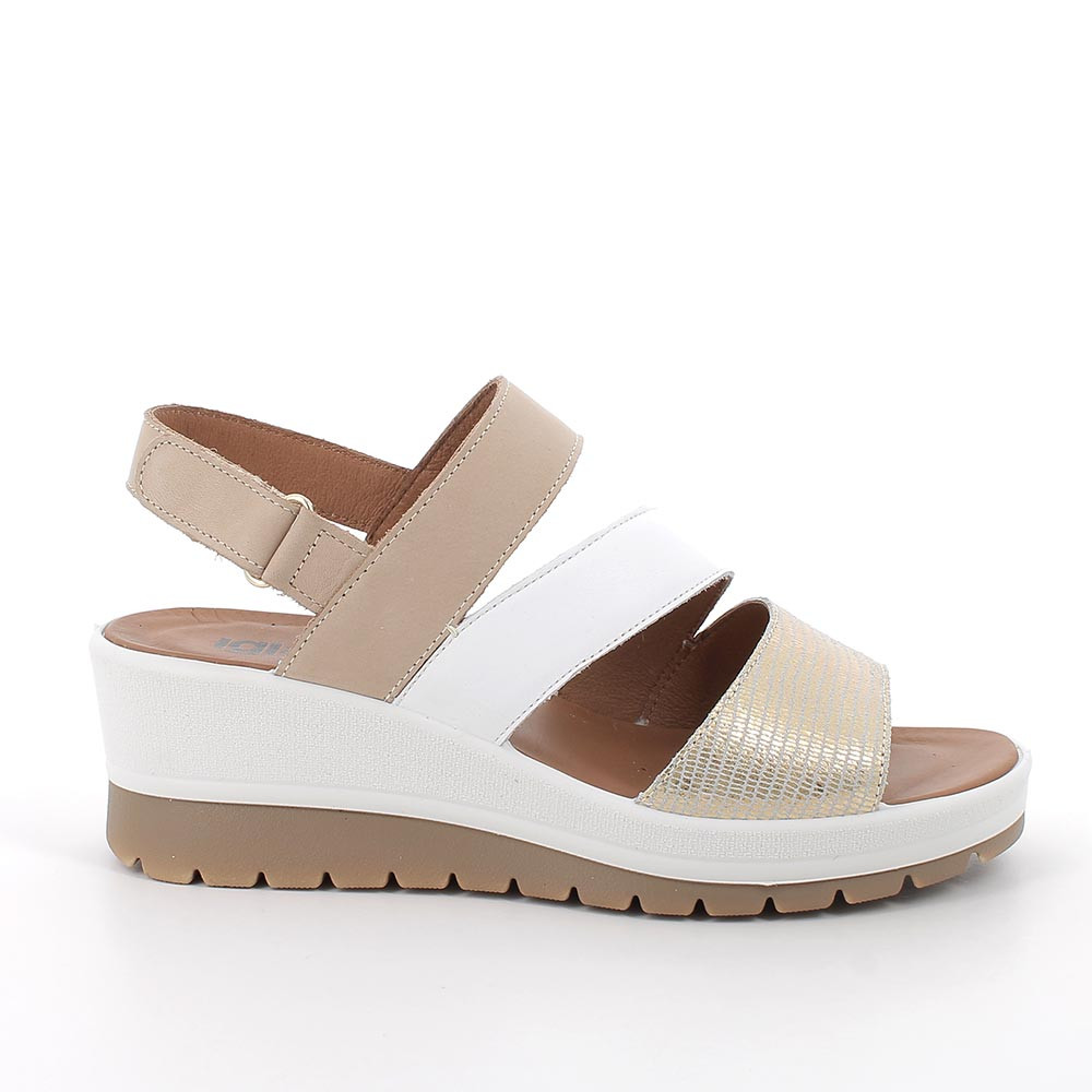 Sandali con zeppa da donna beige e platino con strap