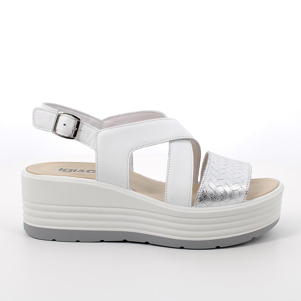 Sandali con zeppa da donna bianco e argento con fibbia