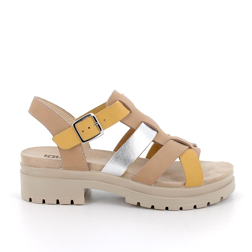 Sandali con tacco da donna beige e giallo con fibbia