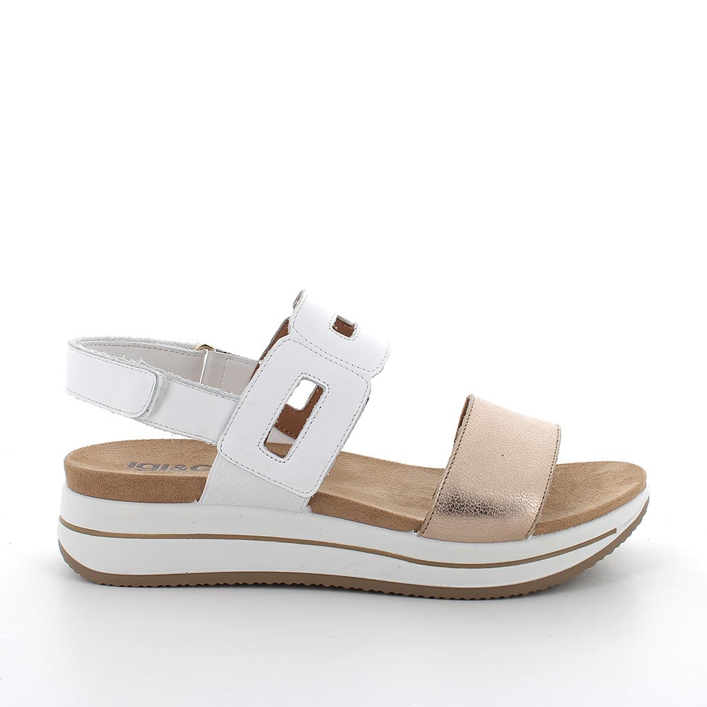 Sandalia de cuña para mujer blanco y platino con velcro