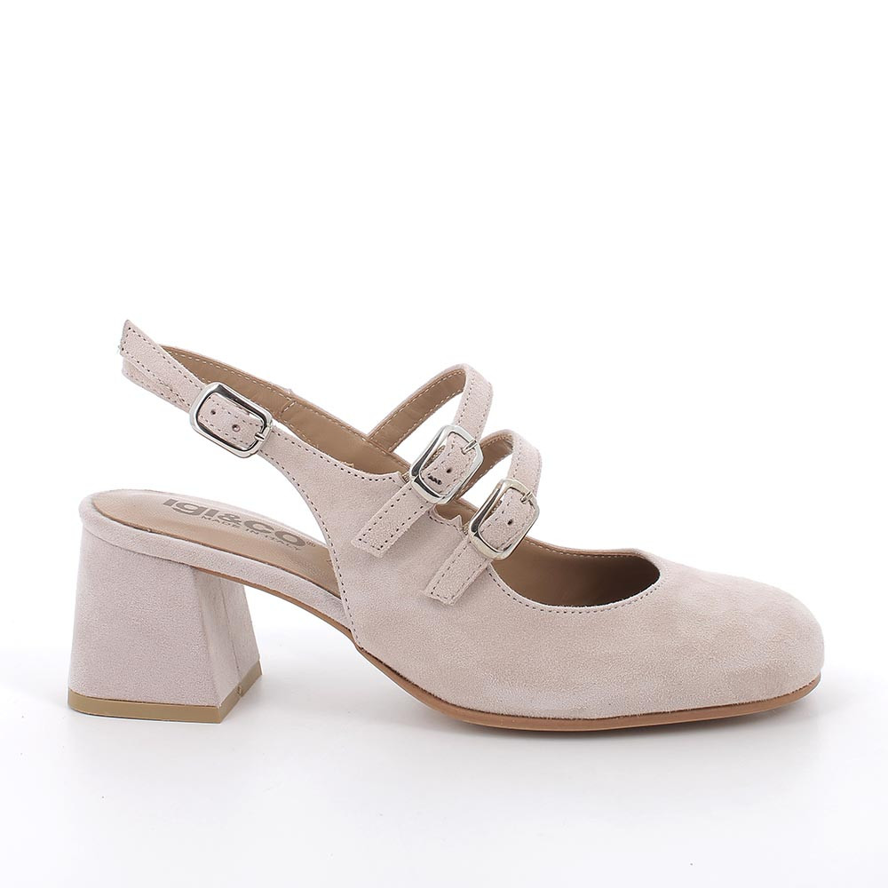 Décolleté con tacco da donna rosa e beige con fibbia