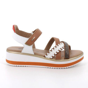 DAME SANDALE MIT KEILABSATZ BRAUN UND WEISS MIT VELCRO DAME SANDALE MIT KEILABSATZ BRAUN UND WEISS MIT VELCRO