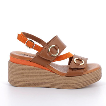 DAME SANDALE MIT KEILABSATZ BRAUN UND ORANGE MIT VELCRO DAME SANDALE MIT KEILABSATZ BRAUN UND ORANGE MIT VELCRO