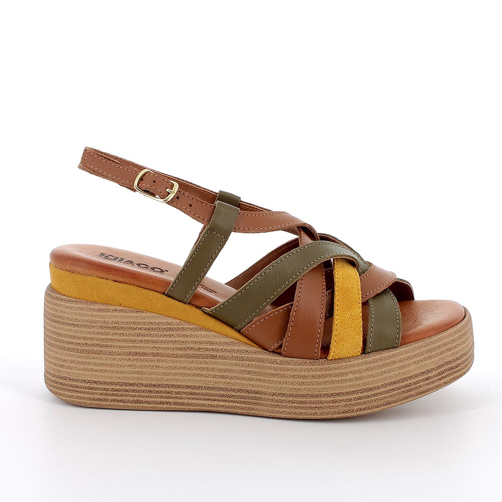 Sandali con zeppa in pelle da donna cuoio-giallo-militare, Taglia 38 - IgieCo