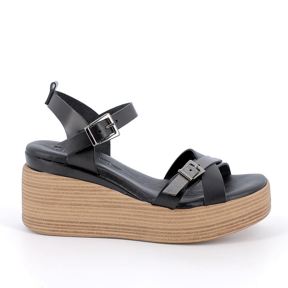 Sandali con zeppa in pelle da donna nero-grigio scuro, Taglia 35 - IgieCo