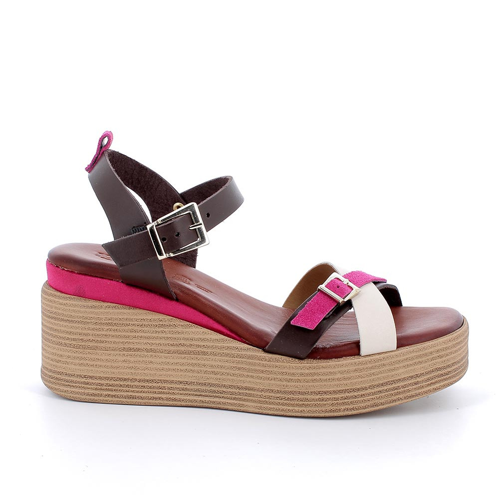 Sandali con zeppa in pelle da donna caffe'-fuxia, Taglia 40 - IgieCo