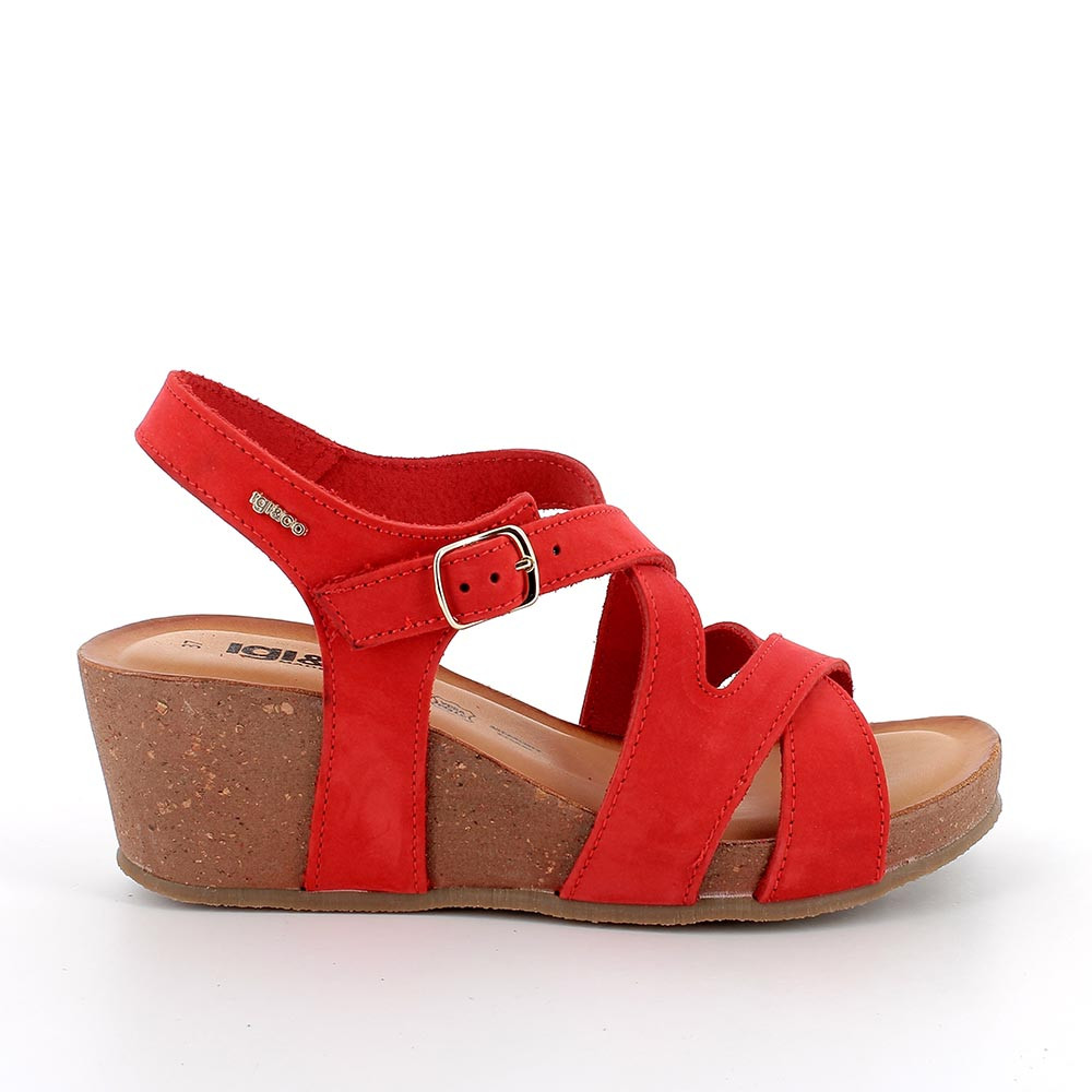 Sandali con zeppa da donna rosso con fibbia