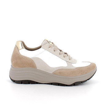 Sneakers con zeppa da donna beige e bianco con lacci Sneakers con zeppa da donna beige e bianco con lacci