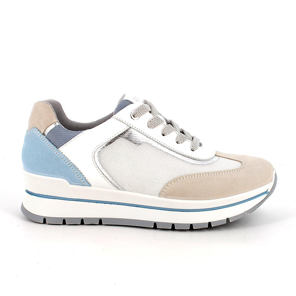 SNEAKERS WITH WEDGE FOR WOMAN  WHITE AND LIGHT BLUE WITH LACES