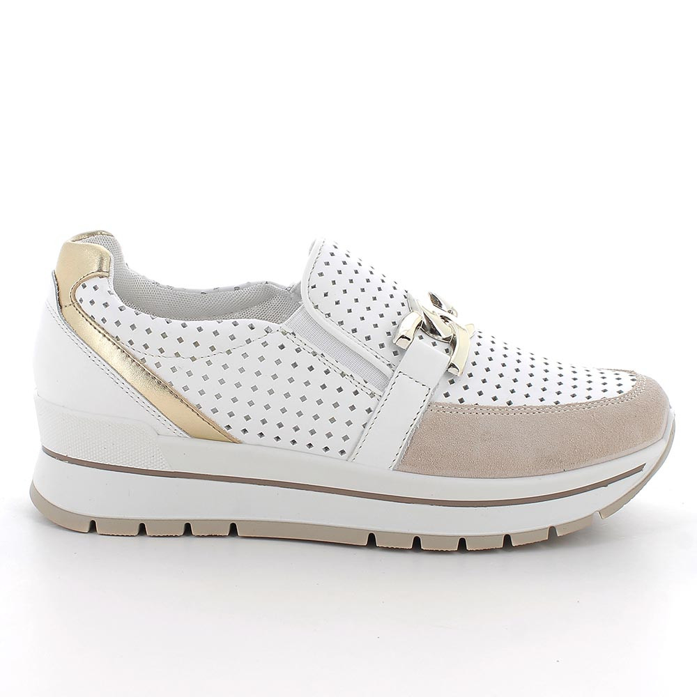 SLIP ON MIT KEIL FUER FRAUEN  WEISS UND BEIGE MIT ELASTIK