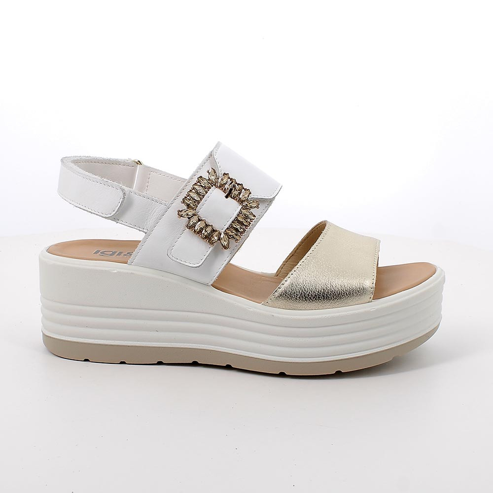 SANDALS WITH WEDGE FOR WOMAN  WHITE AND PLATINUM WITH VELCRO