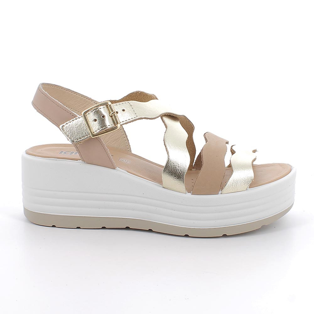 SANDALS WITH WEDGE FOR WOMAN   PLATINUM AND BEIGE WITH BUCKLE