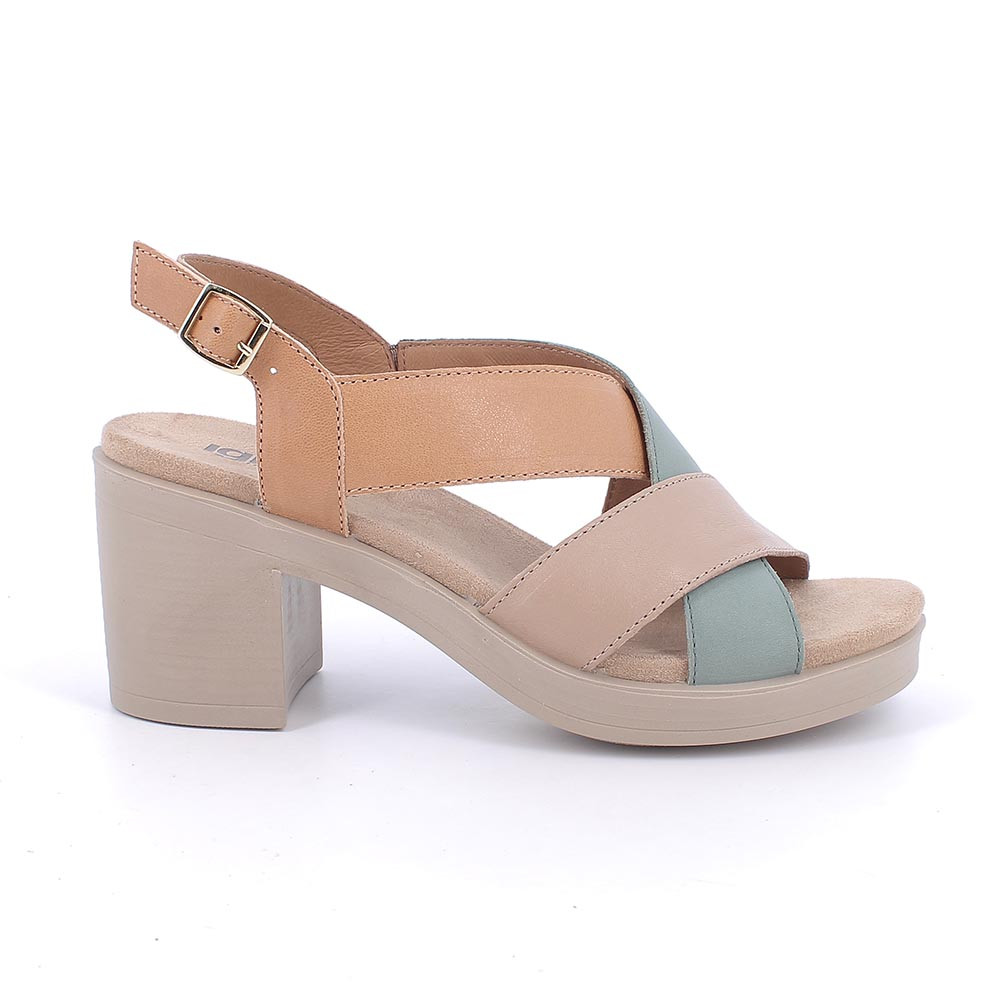 SANDALS WITH HEEL FOR WOMAN   BEIGE AND GREEN WITH BUCKLE