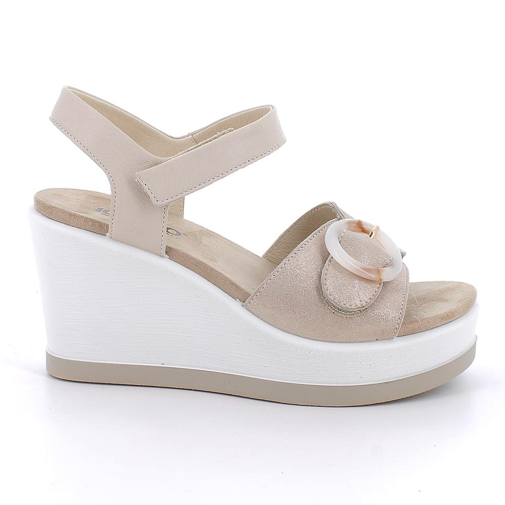 SANDALS WITH WEDGE FOR WOMAN   PLATINUM AND BEIGE WITH VELCRO