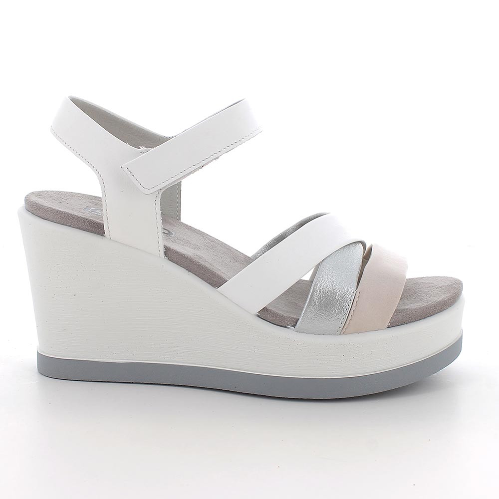 SANDALS WITH WEDGE FOR WOMAN   WHITE AND SILVER WITH VELCRO