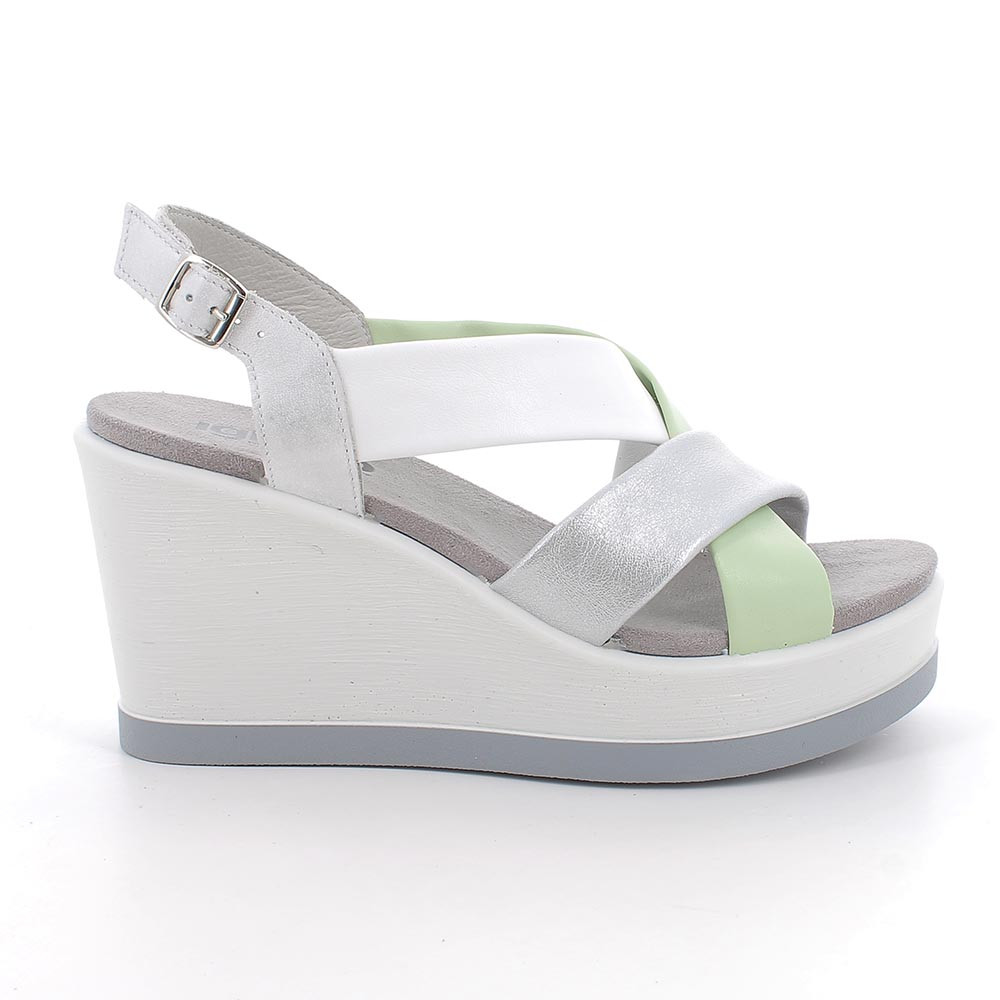 SANDALS WITH WEDGE FOR WOMAN   SILVER AND WHITE WITH BUCKLE