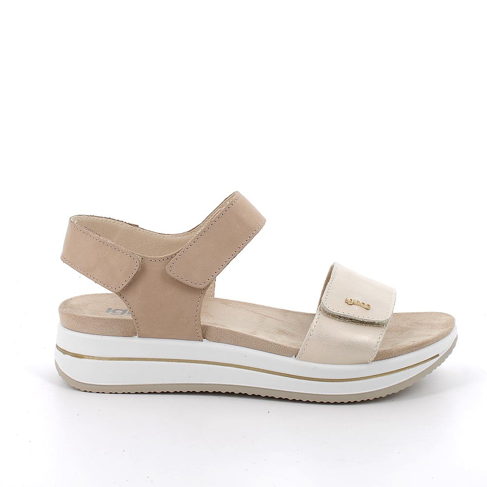 SANDALS WITH WEDGE FOR WOMAN  BEIGE AND PLATINUM WITH VELCRO