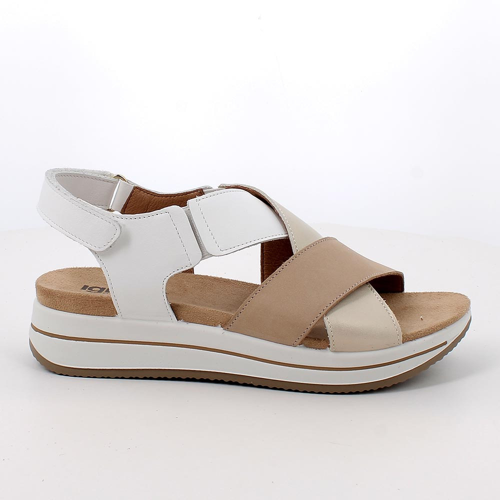 SANDALS WITH WEDGE FOR WOMAN  BEIGE AND WHITE WITH VELCRO