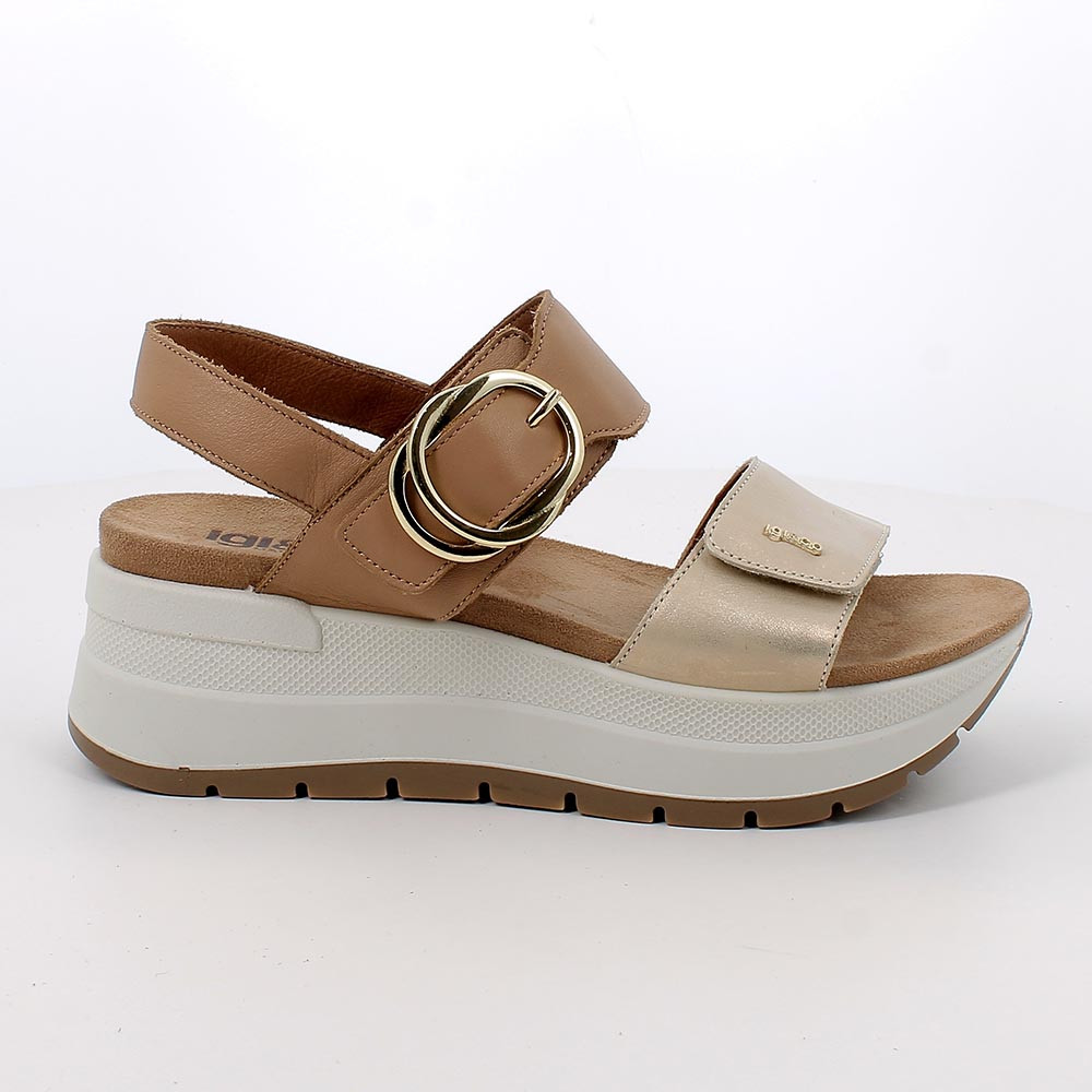 SANDALS WITH WEDGE FOR WOMAN   PLATINUM AND BROWN WITH VELCRO