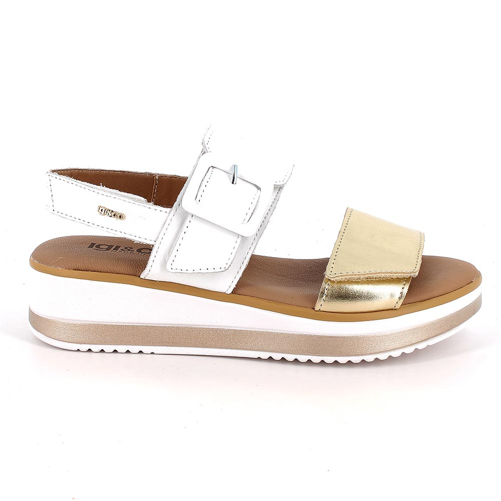 SANDALS WITH WEDGE FOR WOMAN  PLATINUM AND WHITE WITH VELCRO