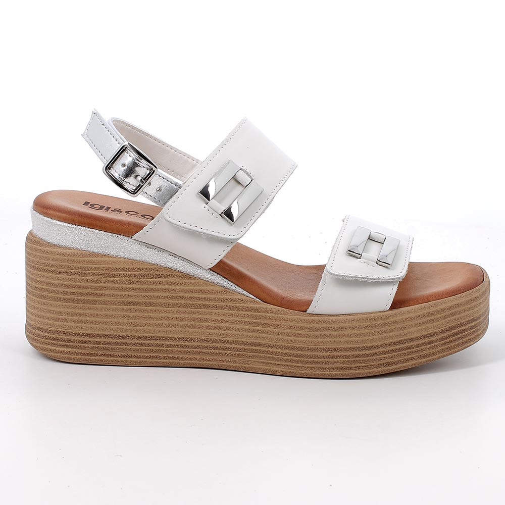 SANDALS WITH WEDGE FOR WOMAN   WHITE AND SILVER WITH VELCRO