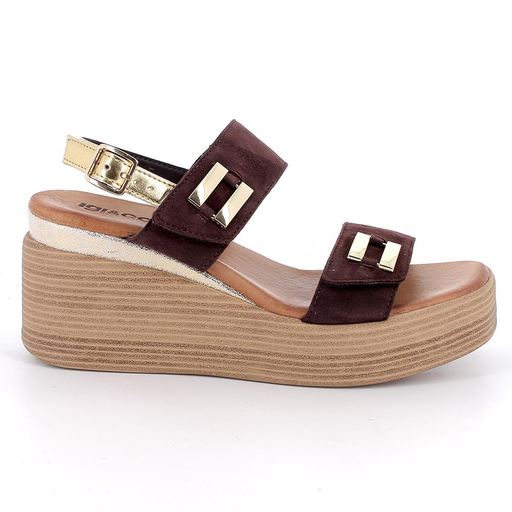 SANDALS WITH WEDGE FOR WOMAN  BROWN AND PLATINUM WITH VELCRO