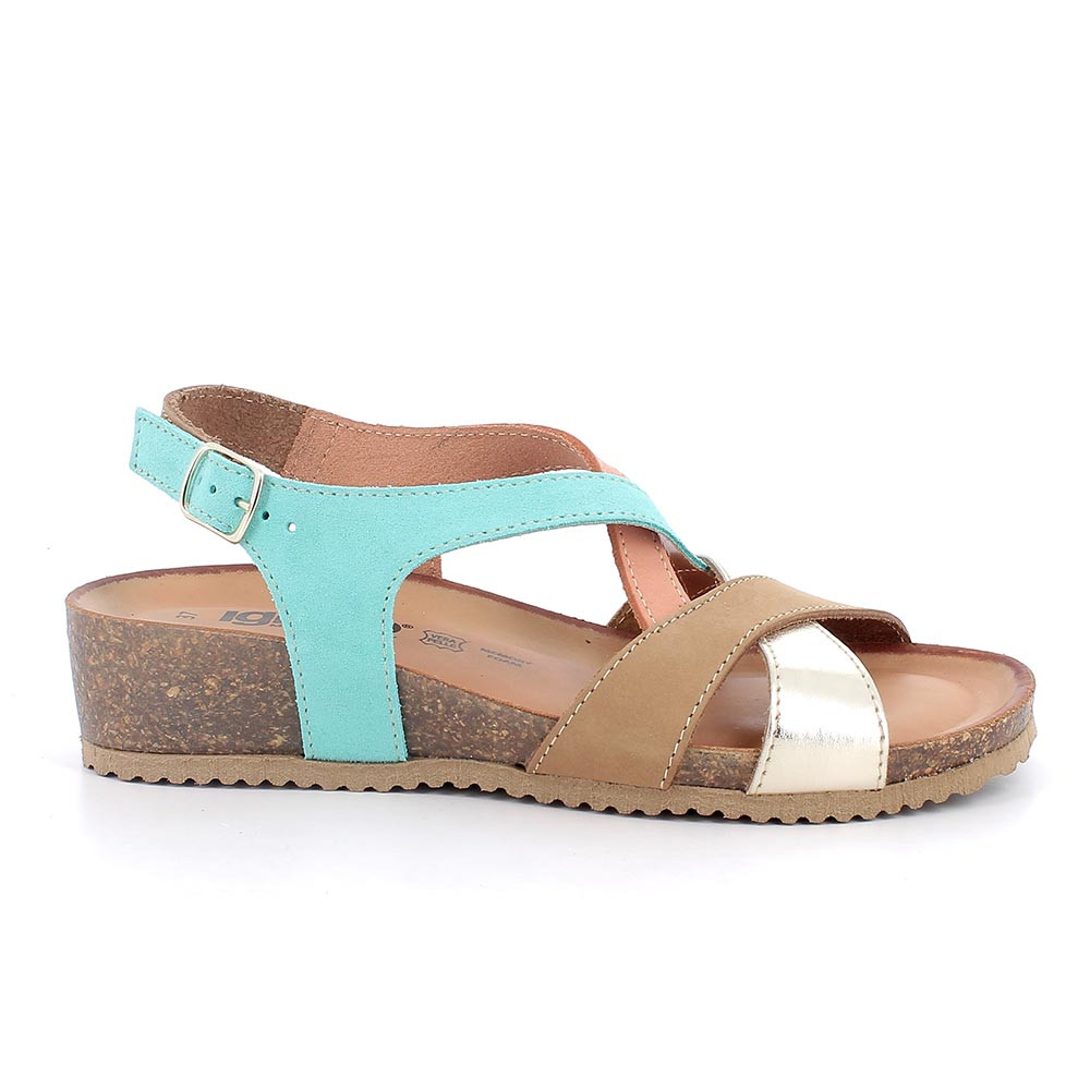 Sandals with wedge for women brown and green with buckle
