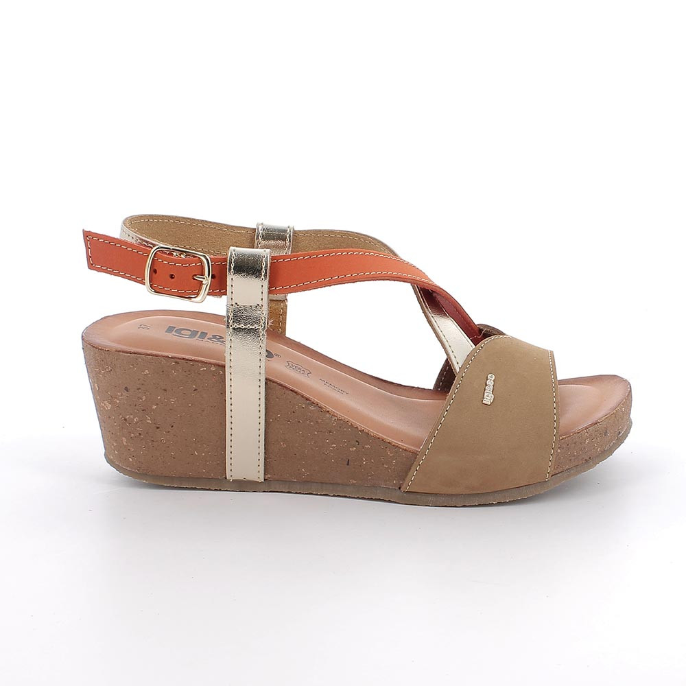 SANDALS WITH WEDGE FOR WOMAN  BROWN AND PLATINUM WITH BUCKLE